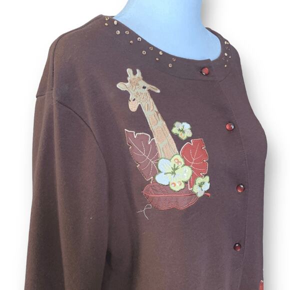 Vintage Breckenridge Cardigan Top Brown Fall Leaves Dark Floral Animal Print - Picture 4 of 12